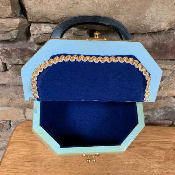 VTG Wood Decoupage Purse Floral 60s 70s Pearlized Handle Felt Lined - Picture 9 of 12